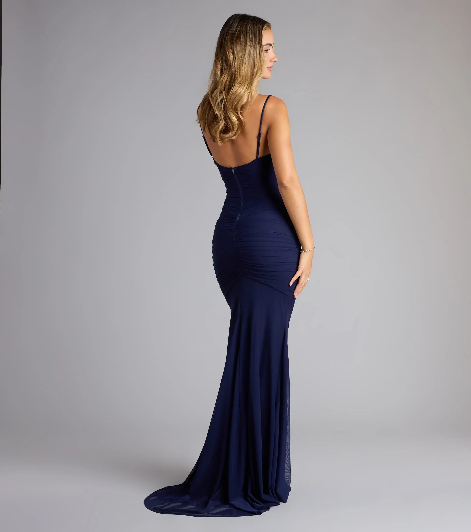 Navy Mermaid V-Neck Mesh Ruched Floor-Length Wedding Dress - Yihuiw by Yihuiw