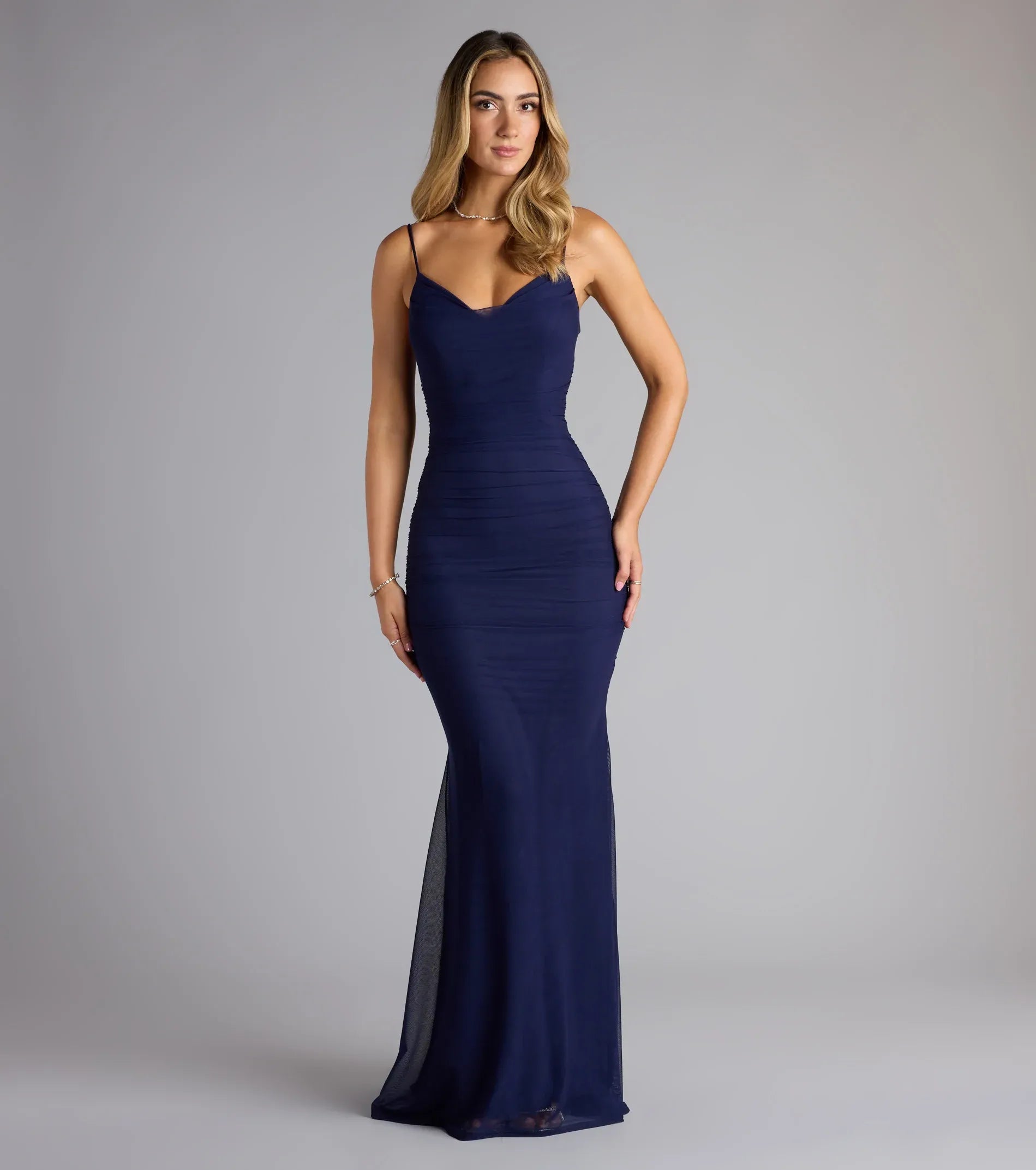 Navy Mermaid V-Neck Mesh Ruched Floor-Length Wedding Dress - Yihuiw by Yihuiw