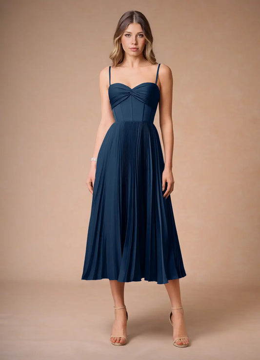 Navy Spaghetti Strap Lace-Up Back Pleated Midi Wedding Dress - Yihuiw by Yihuiw