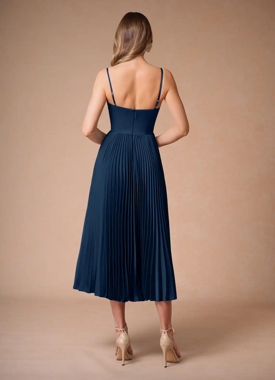 Navy Spaghetti Strap Lace-Up Back Pleated Midi Wedding Dress - Yihuiw by Yihuiw