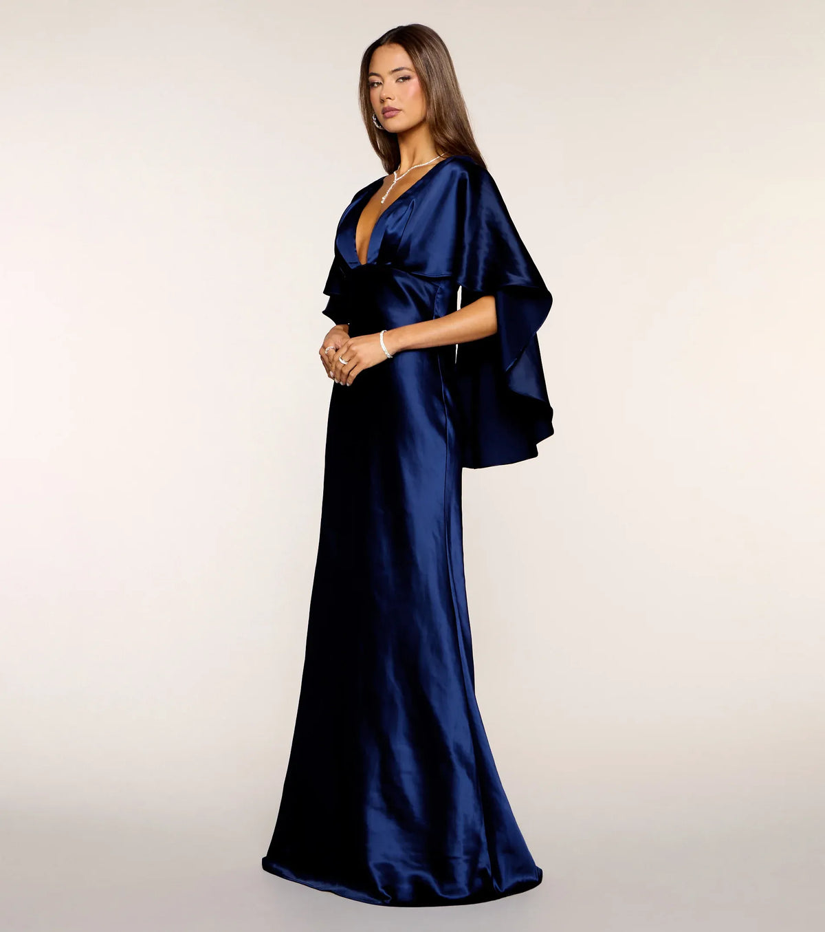 Navy Mermaid V-Neck Satin Floor-Length Wedding Dress - Yihuiw by Yihuiw