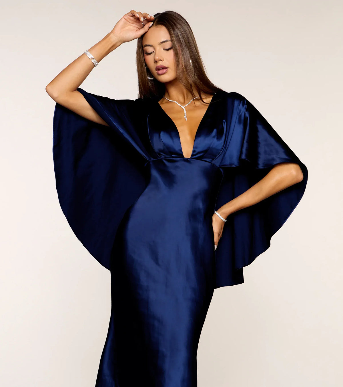 Navy Mermaid V-Neck Satin Floor-Length Wedding Dress - Yihuiw by Yihuiw