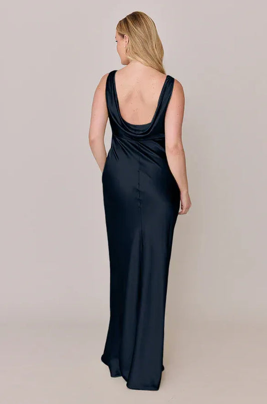 Navy V-Neck Satin Sleeveless Wedding Dress - Yihuiw by Yihuiw