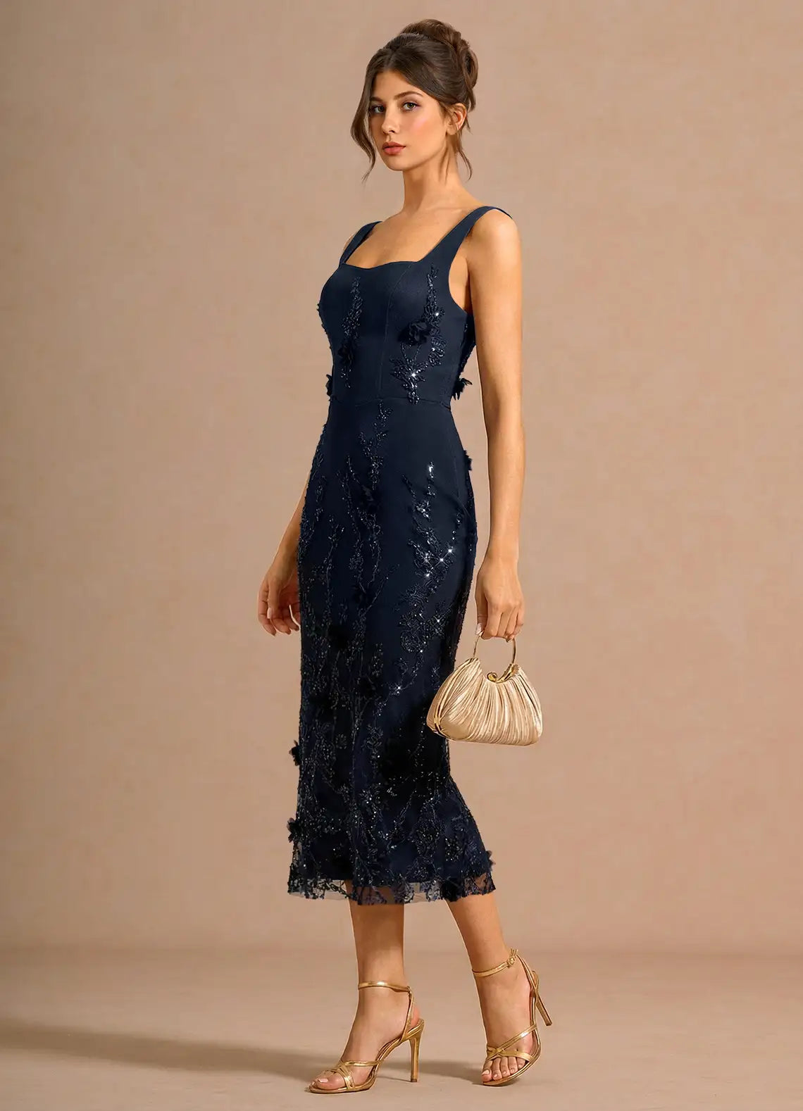 Navy Square Neck Lace Midi Wedding Dress - Yihuiw by Yihuiw