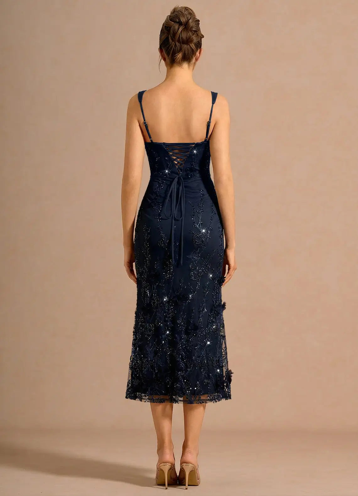 Navy Square Neck Lace Midi Wedding Dress - Yihuiw by Yihuiw
