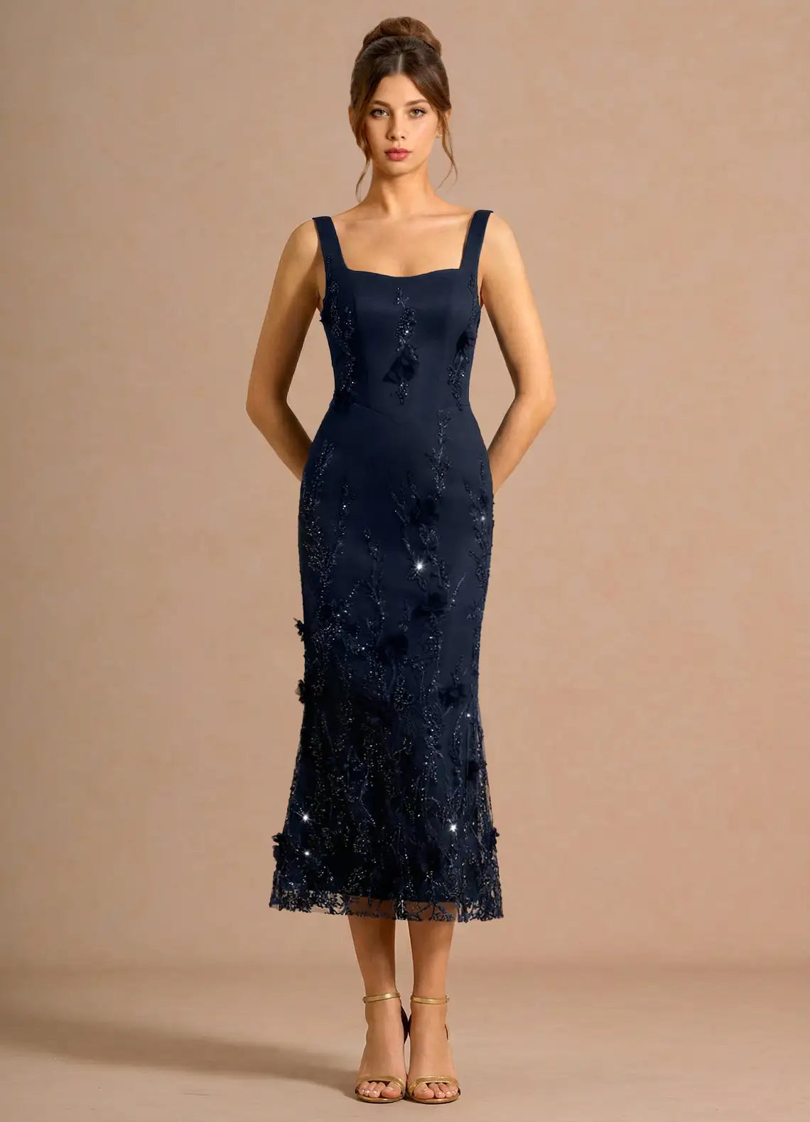 Navy Square Neck Lace Midi Wedding Dress - Yihuiw by Yihuiw
