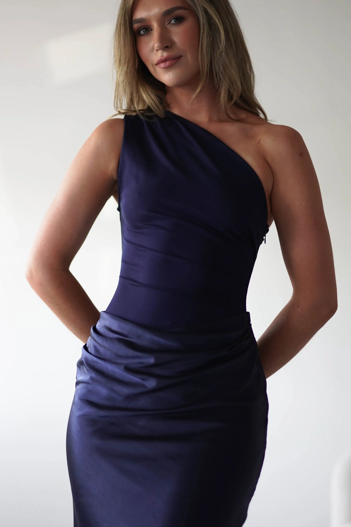 Navy Blue One-Shoulder Satin Ruched Midi Wedding Dress - Yihuiw by Yihuiw