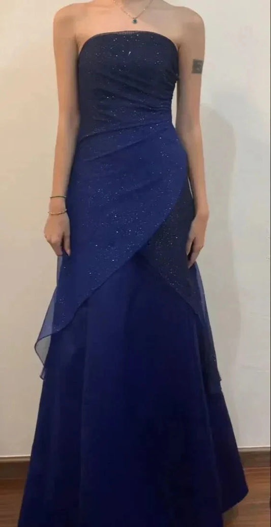 Navy Blue Sheath Prom Dress Long Strapless Party Dresses for Women simple gentle atmospheric and unique desi Bring summer colors to enhance whiteness by YiHuiw