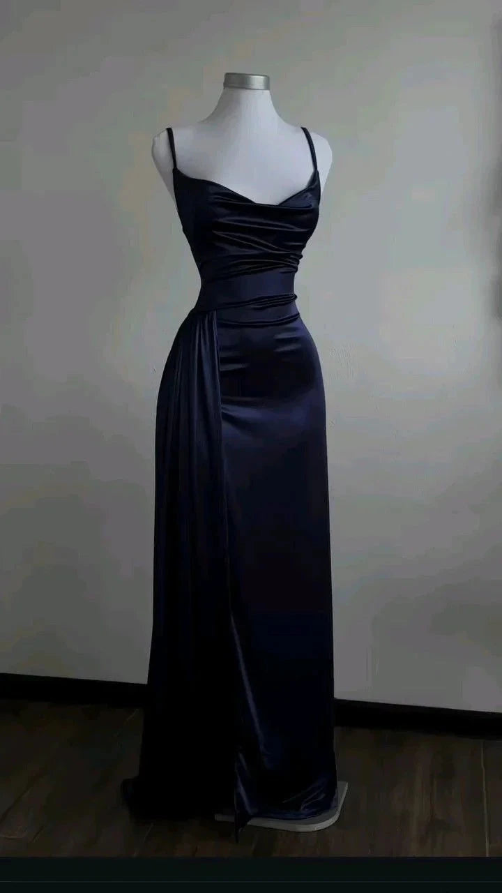 Navy Blue Sheath Satin Long Prom Dress Evening Dresses for Weddings simple gentle atmospheric and unique desi Bring summer colors to enhance whiteness by YiHuiw