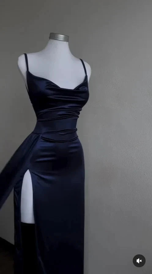 Navy Blue Sheath Satin Long Prom Dress Evening Dresses for Weddings simple gentle atmospheric and unique desi Bring summer colors to enhance whiteness by YiHuiw