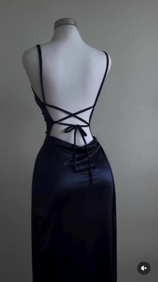 Navy Blue Sheath Satin Long Prom Dress Evening Dresses for Weddings simple gentle atmospheric and unique desi Bring summer colors to enhance whiteness by YiHuiw