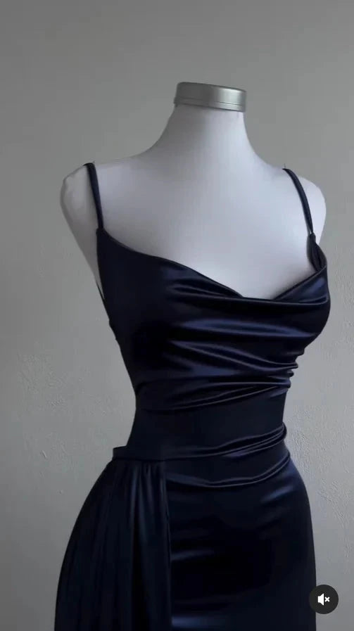 Navy Blue Sheath Satin Long Prom Dress Evening Dresses for Weddings simple gentle atmospheric and unique desi Bring summer colors to enhance whiteness by YiHuiw