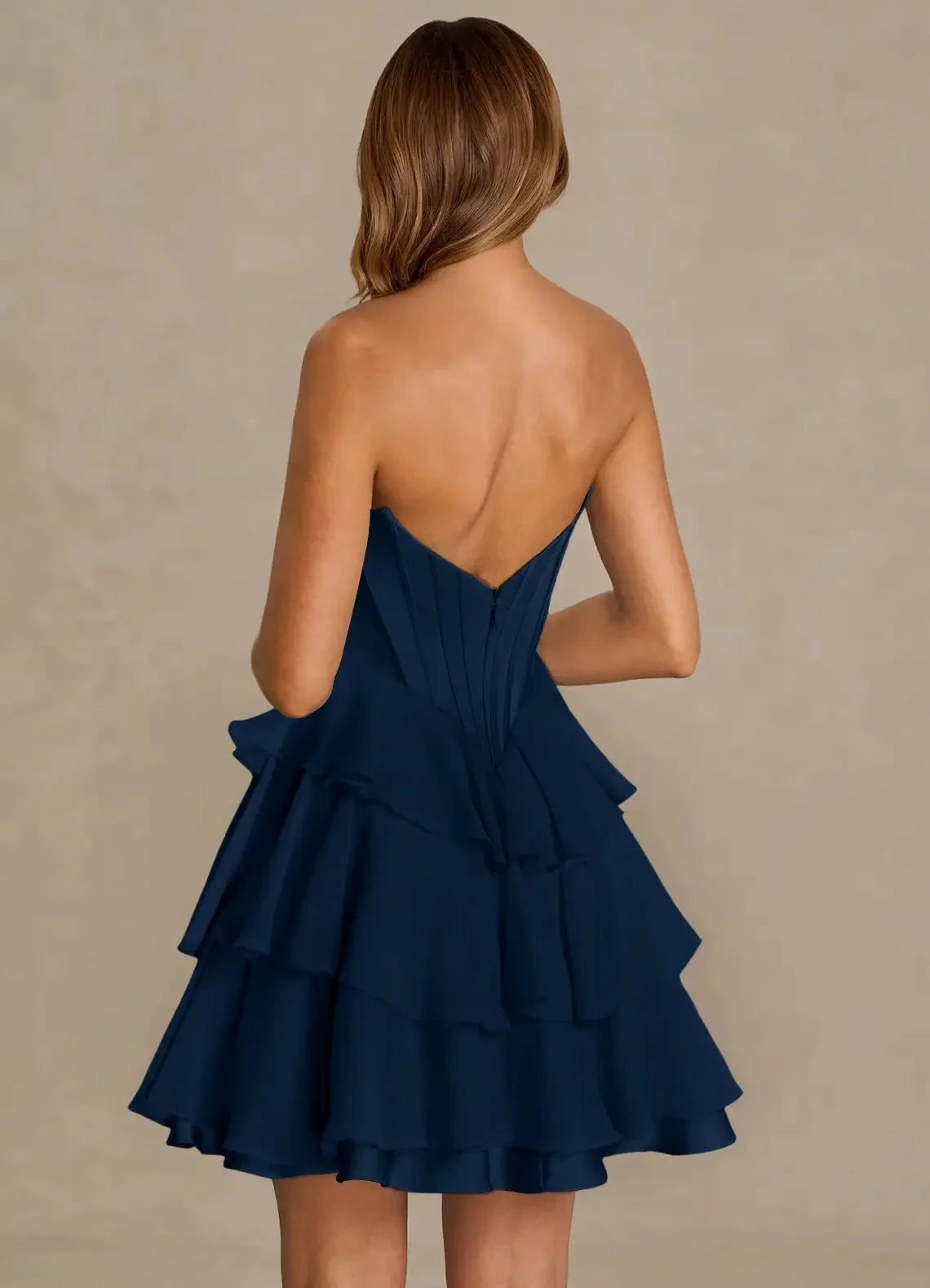 Navy Blue Strapless Ruffled Mini Dress with Corset Detail Navy Mini Dress Homecoming Dresses by YiHuiw