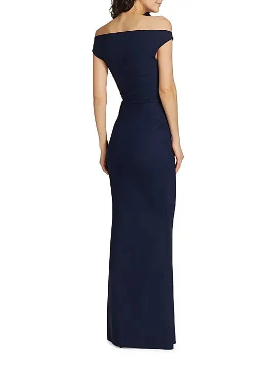 Navy Off - Shoulder Cutout Evening Gown Off Shoulder Collar Front and Back Shaped Dart Evening Dress by YiHuiw