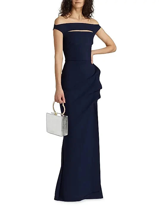 Navy Off - Shoulder Cutout Evening Gown Off Shoulder Collar Front and Back Shaped Dart Evening Dress by YiHuiw