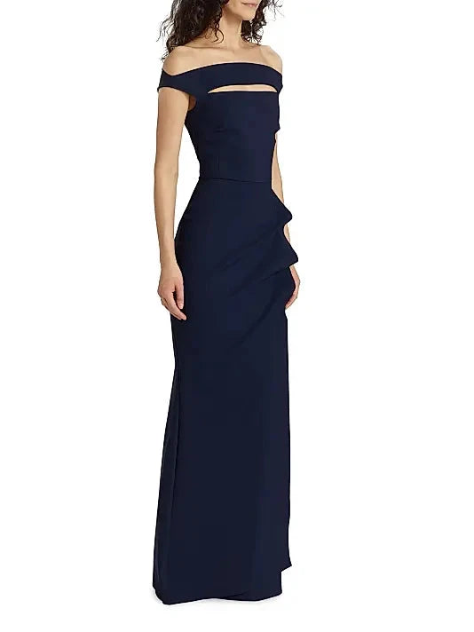 Navy Off - Shoulder Cutout Evening Gown Off Shoulder Collar Front and Back Shaped Dart Evening Dress by YiHuiw