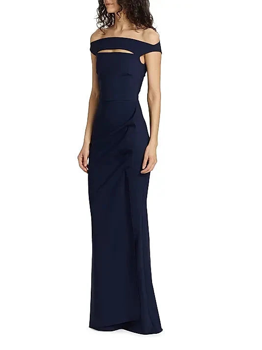 Navy Off - Shoulder Cutout Evening Gown Off Shoulder Collar Front and Back Shaped Dart Evening Dress by YiHuiw