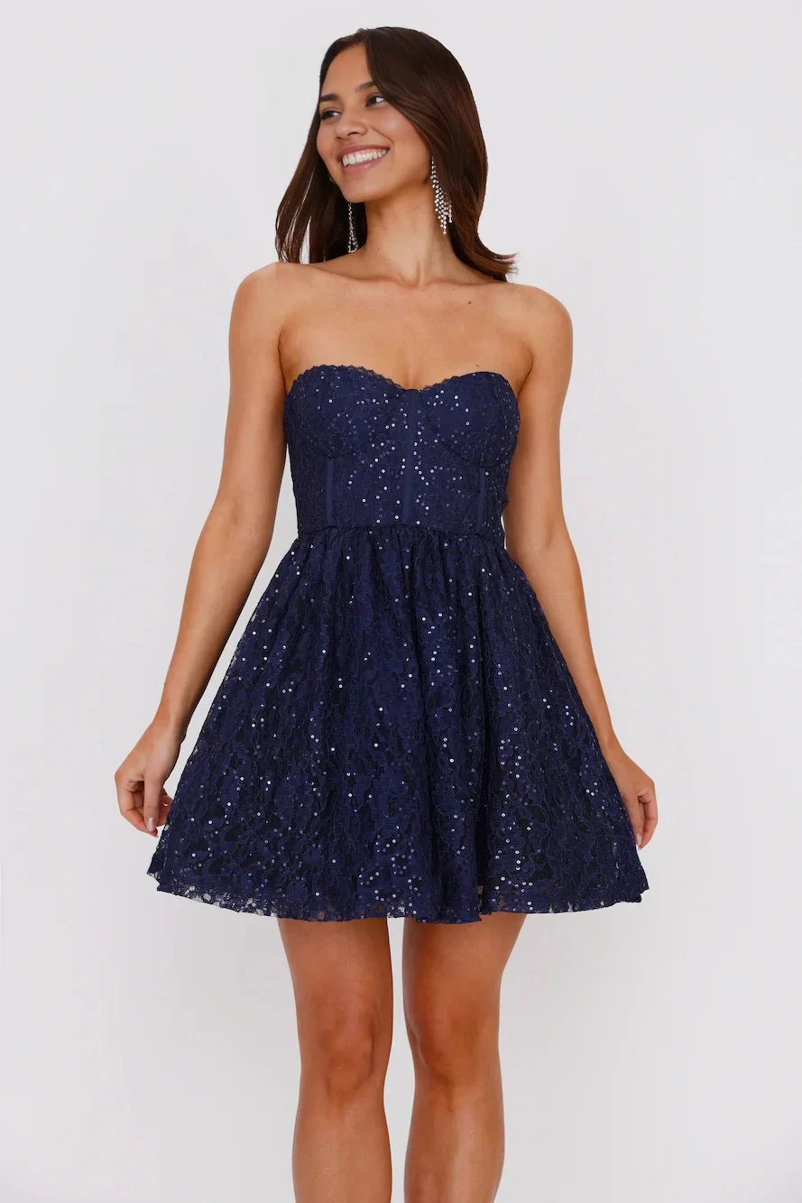 Navy blue strapless short dress with lace fabric embellished with sequins, suitable for casual occasions such as parties and dates by YiHuiw