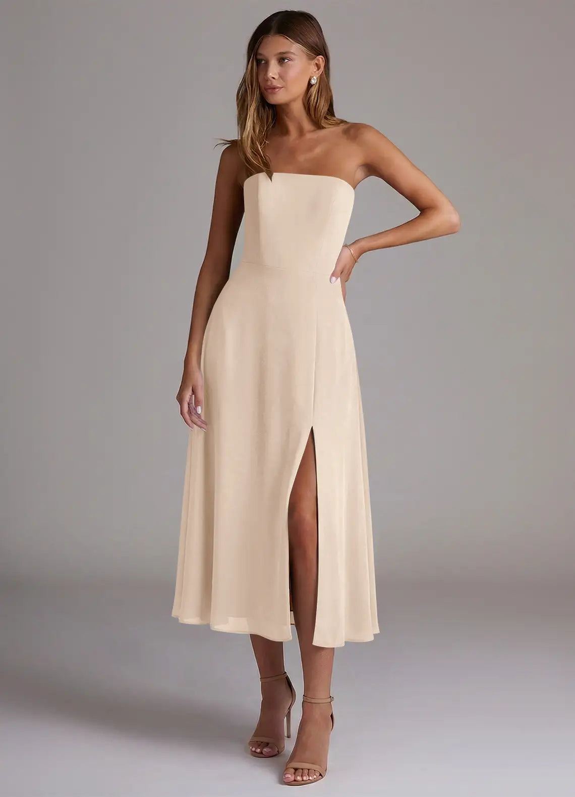 Strapless Chiffon High Slit Midi Wedding Dress - Yihuiw by Yihuiw