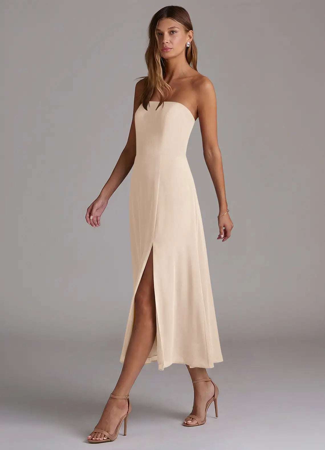 Strapless Chiffon High Slit Midi Wedding Dress - Yihuiw by Yihuiw