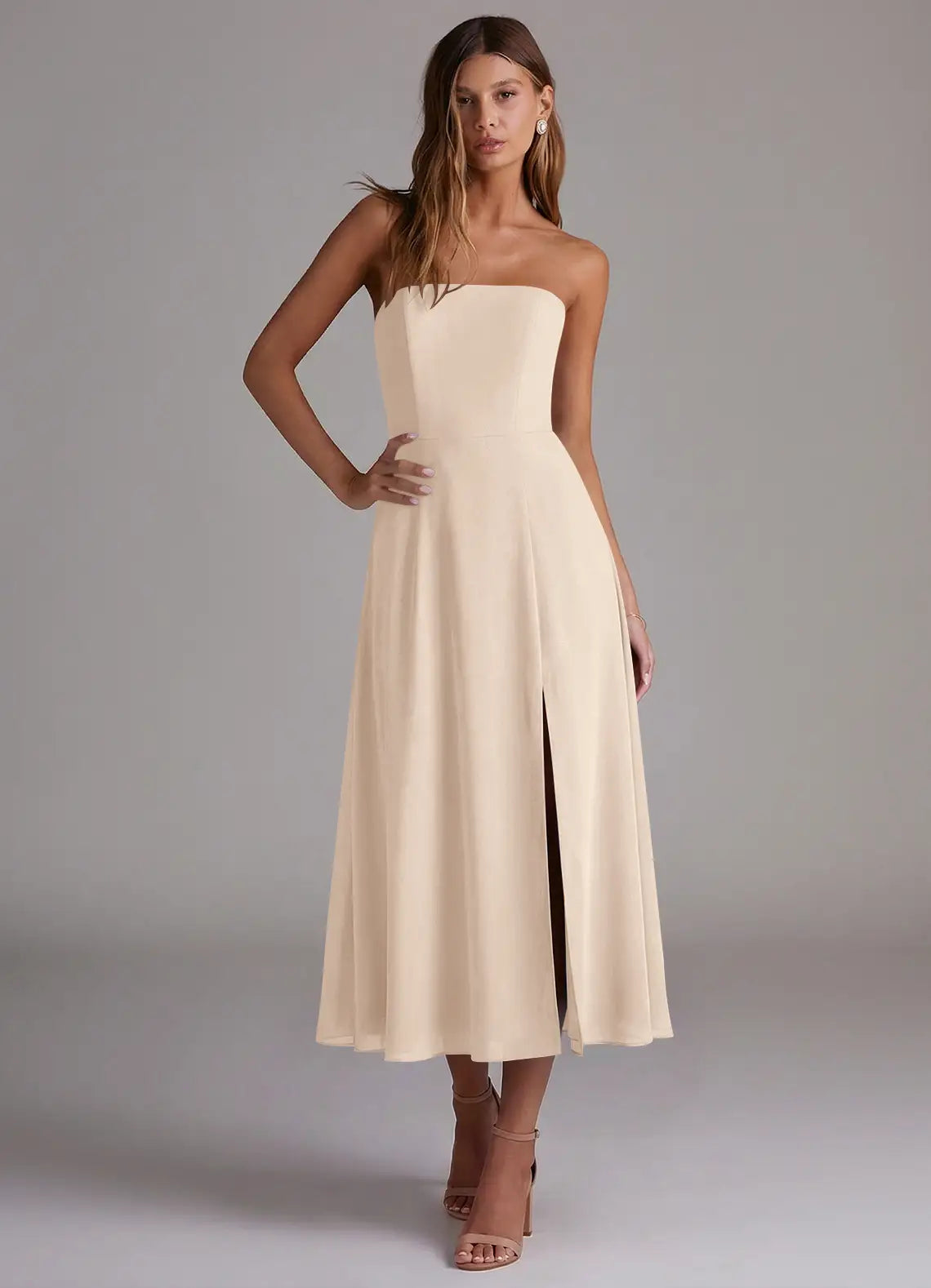 Strapless Chiffon High Slit Midi Wedding Dress - Yihuiw by Yihuiw