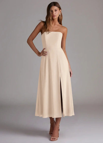 Strapless Chiffon High Slit Midi Wedding Dress - Yihuiw by Yihuiw