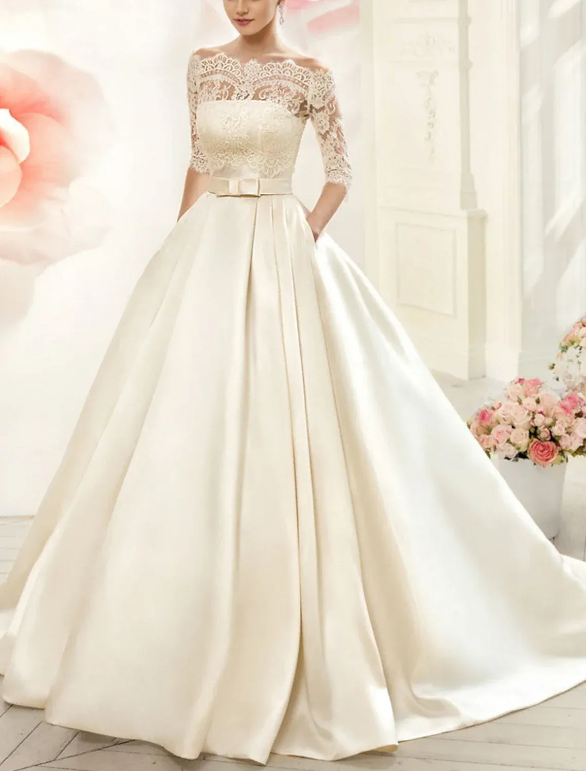 Ball Gown Off-Shoulder Satin Three-Quarter Sleeve Train Wedding Gown - Yihuiw by Yihuiw