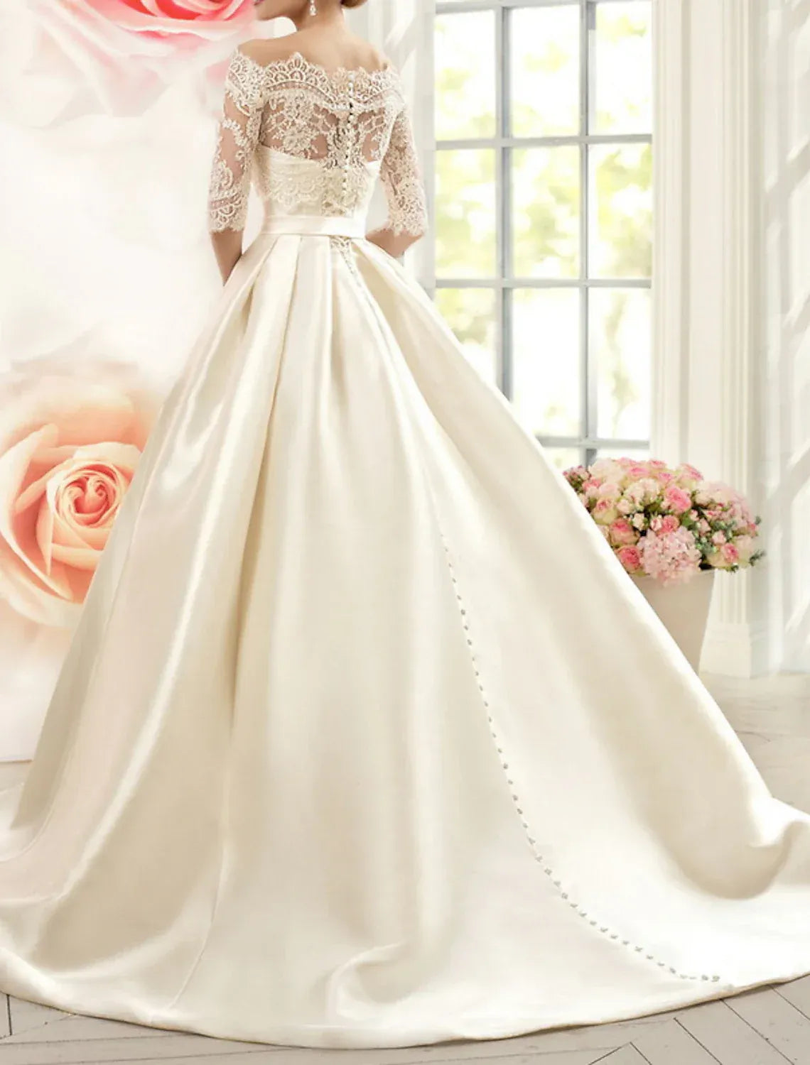 Ball Gown Off-Shoulder Satin Three-Quarter Sleeve Train Wedding Gown - Yihuiw by Yihuiw