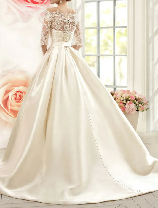 Ball Gown Off-Shoulder Satin Three-Quarter Sleeve Train Wedding Gown - Yihuiw by Yihuiw