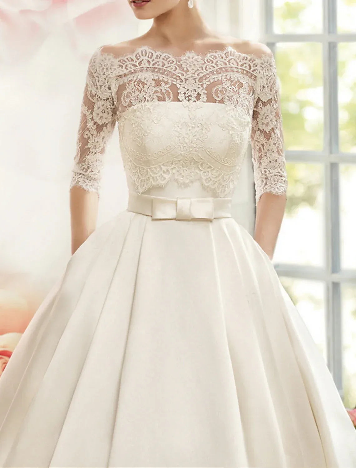 Ball Gown Off-Shoulder Satin Three-Quarter Sleeve Train Wedding Gown - Yihuiw by Yihuiw