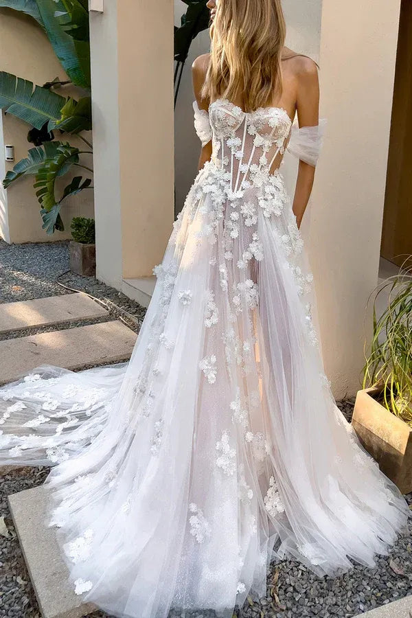 Tulle Lace-Up Back High Slit Wedding Dress - Yihuiw by Yihuiw