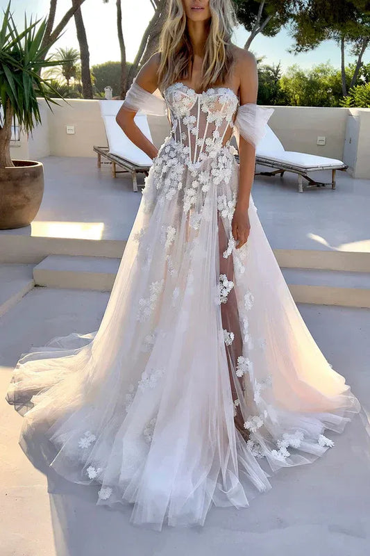 Tulle Lace-Up Back High Slit Wedding Dress - Yihuiw by Yihuiw