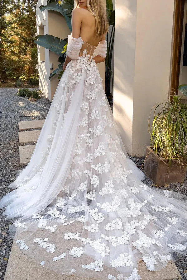 Tulle Lace-Up Back High Slit Wedding Dress - Yihuiw by Yihuiw