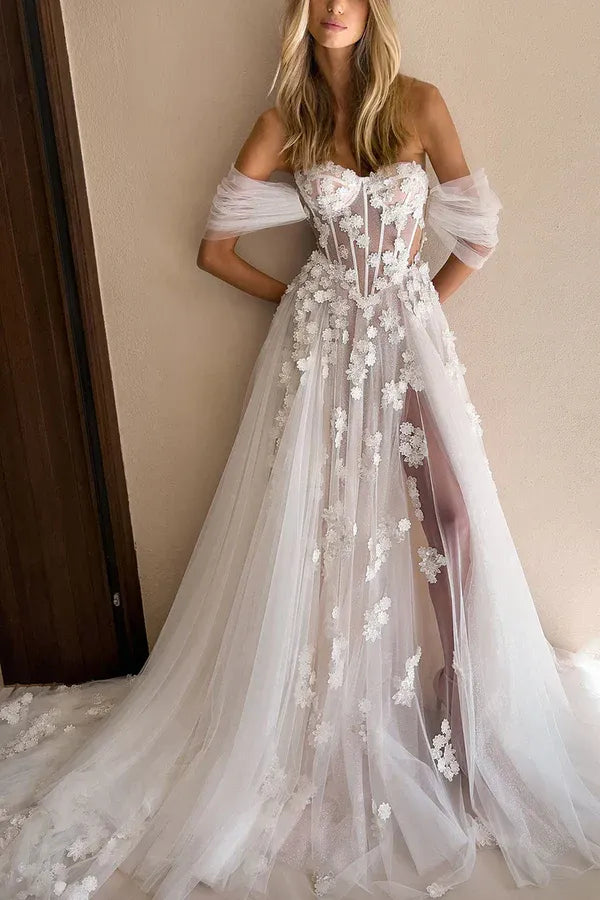 Tulle Lace-Up Back High Slit Wedding Dress - Yihuiw by Yihuiw