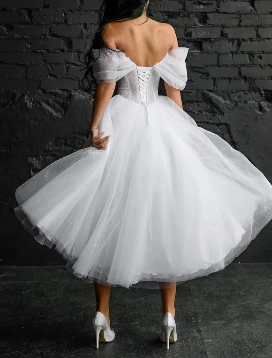 Off-Shoulder Tulle Lace-Up Back Midi Wedding Dress - Yihuiw by Yihuiw