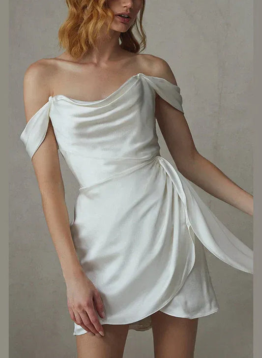 Off-Shoulder Satin Draped Mini Wedding Dress - Yihuiw by Yihuiw