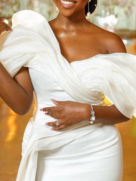 Mermaid Off-Shoulder Satin Ruffled Wedding Dress - Yihuiw by Yihuiw