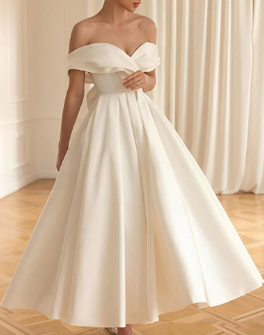 A-Line Off-Shoulder Satin Midi Wedding Dress - Yihuiw by Yihuiw