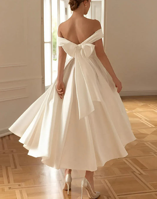 A-Line Off-Shoulder Satin Midi Wedding Dress - Yihuiw by Yihuiw