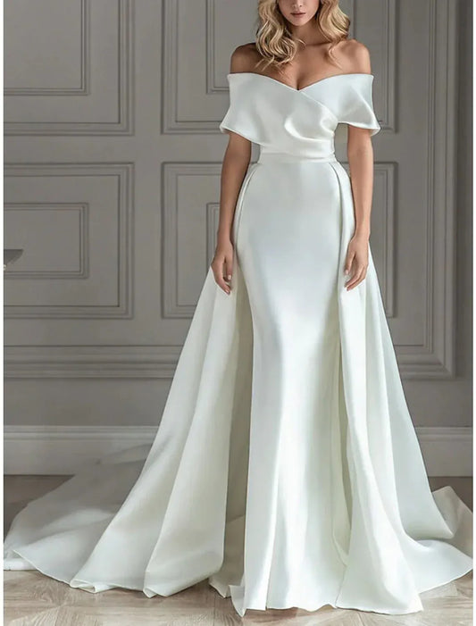 Mermaid Off-Shoulder Satin Wrap Wedding Dress - Yihuiw by Yihuiw