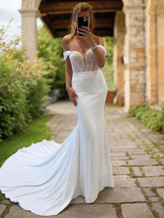 Mermaid Off-Shoulder Chiffon Lace-Up Back Wedding Dress - Yihuiw by Yihuiw