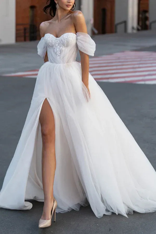 Tulle Lace-Up Back High Slit Wedding Dress - Yihuiw by Yihuiw
