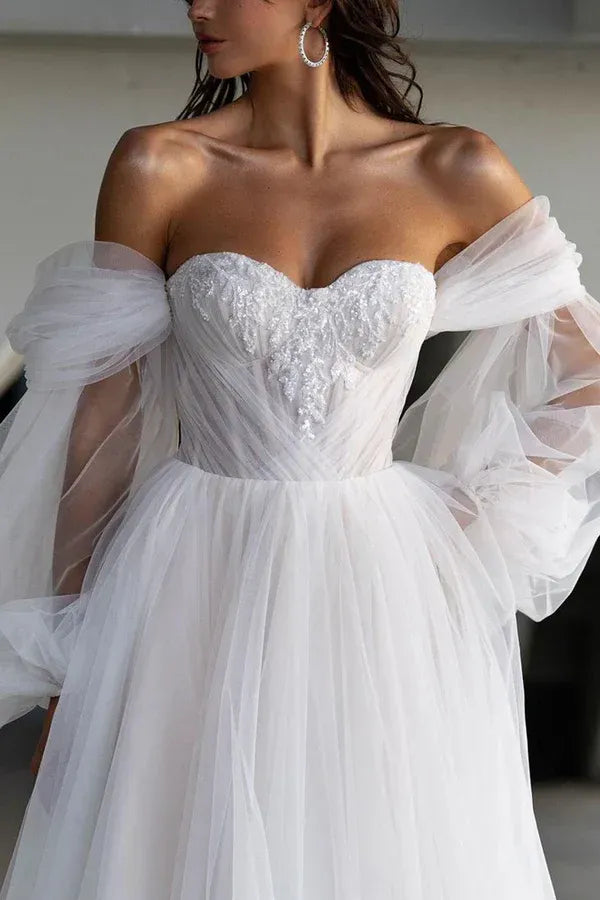 Tulle Lace-Up Back High Slit Wedding Dress - Yihuiw by Yihuiw