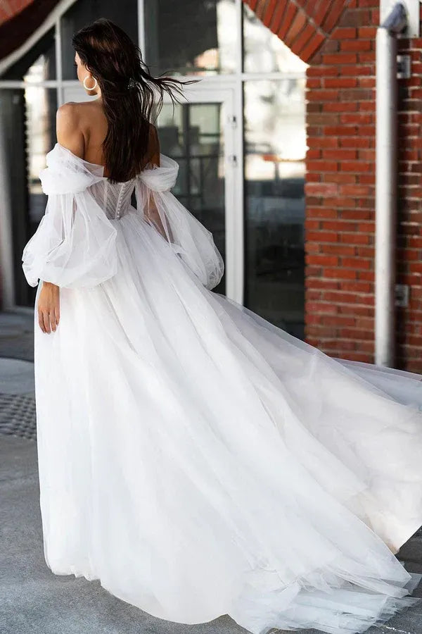 Tulle Lace-Up Back High Slit Wedding Dress - Yihuiw by Yihuiw