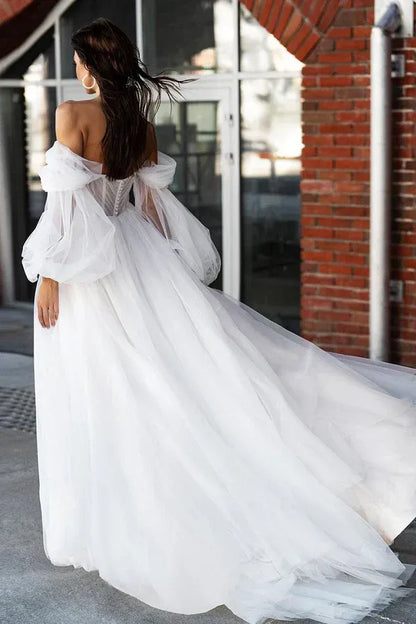 A-Line Sweetheart Tulle Long Sleeve High Slit Wedding Dress - Yihuiw by Yihuiw