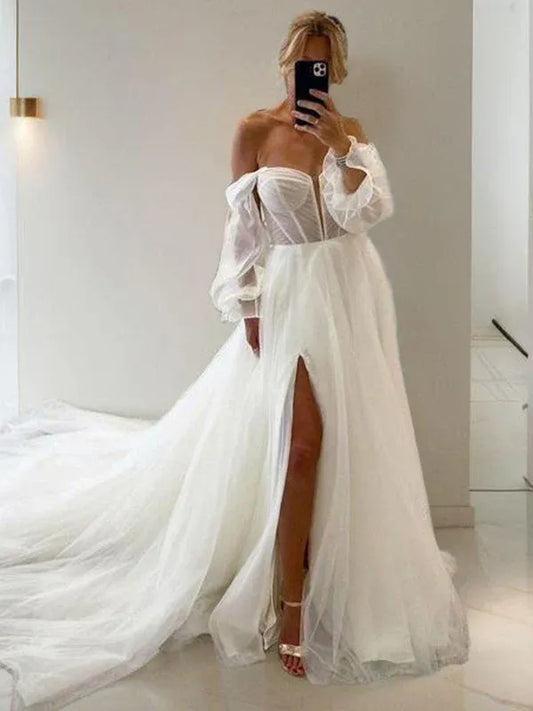 A-Line Off-Shoulder Tulle Puff Sleeve Lace-Up Back High Slit Wedding Dress - Yihuiw by Yihuiw