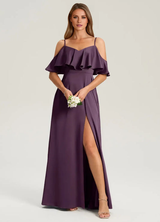 A-Line Off-Shoulder Satin High Slit Wedding Dress - Yihuiw by Yihuiw