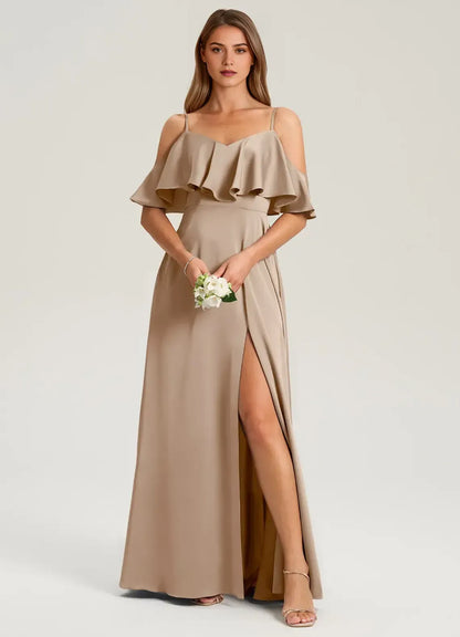 A-Line Off-Shoulder Satin High Slit Wedding Dress - Yihuiw by Yihuiw