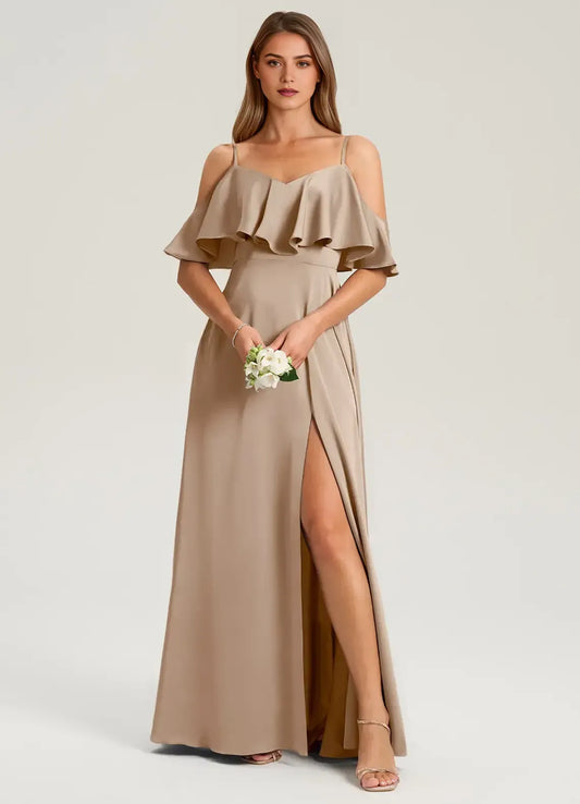 A-Line Off-Shoulder Satin High Slit Wedding Dress - Yihuiw by Yihuiw