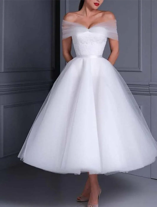 Off-Shoulder Tulle Midi Wedding Dress - Yihuiw by Yihuiw